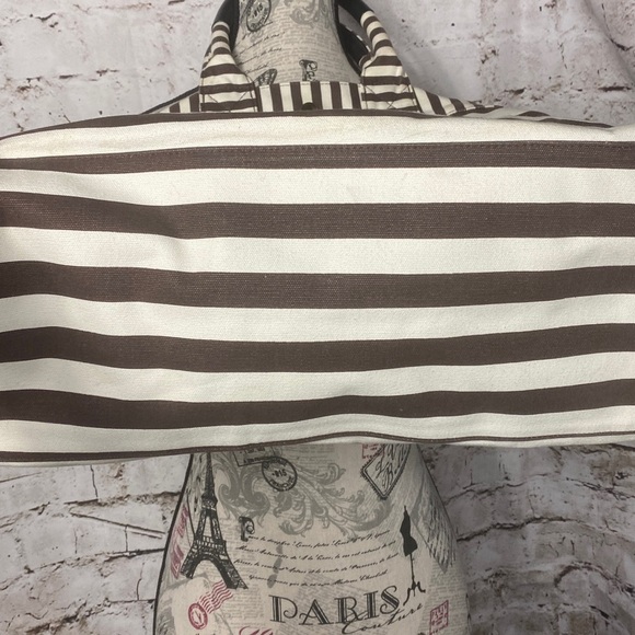Henri Bendel Striped Canvas Tote Bag Brown White Signature Large - Picture 5 of 15